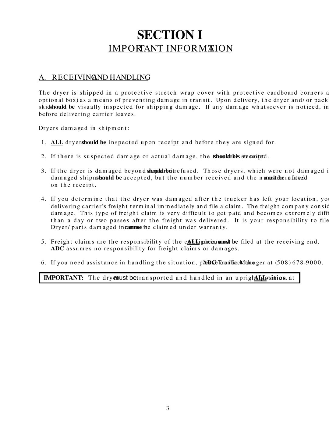 American Dryer Corp ML-78II installation manual Important Information, Receiving and Handling 