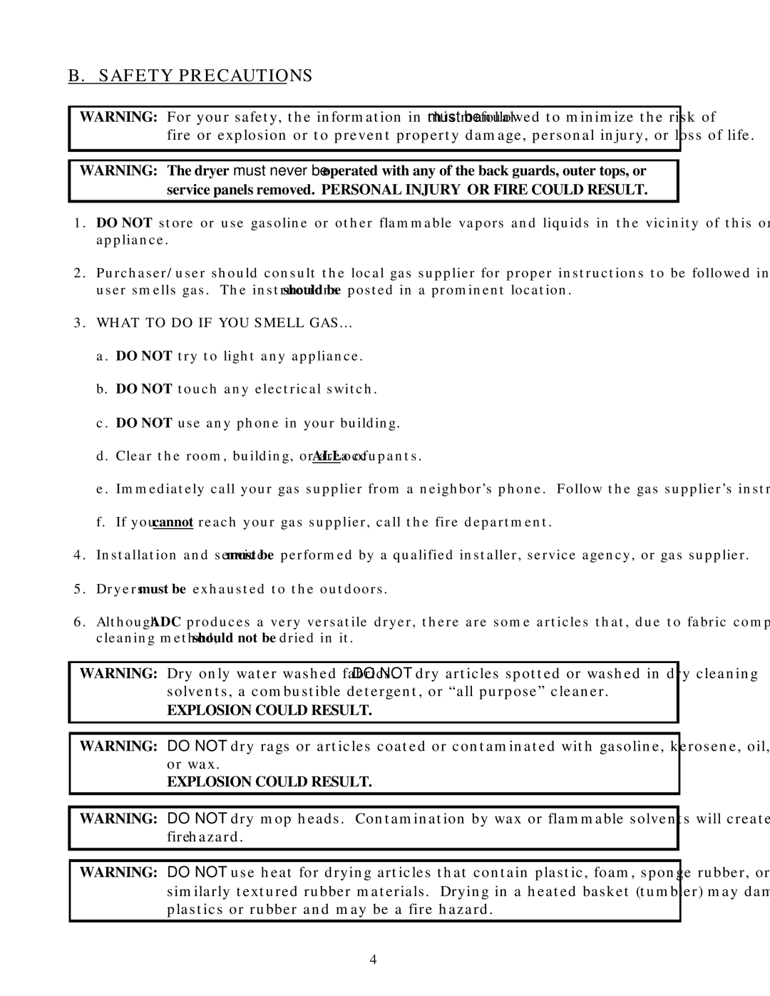 American Dryer Corp ML-78II installation manual Safety Precautions, What to do if YOU Smell GAS 