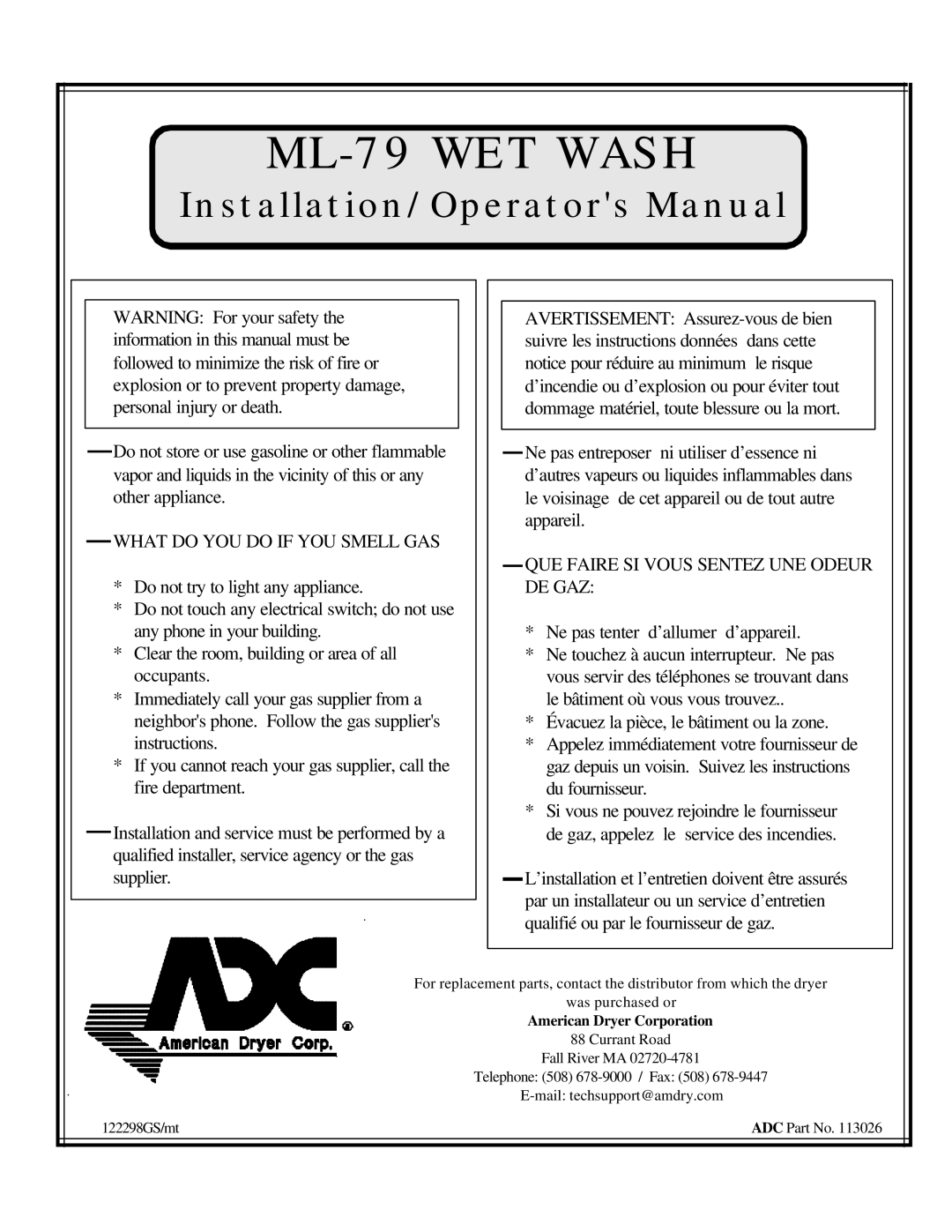 American Dryer Corp ML-79 manual What do YOU do if YOU Smell GAS, QUE Faire SI Vous Sentez UNE Odeur DE GAZ 