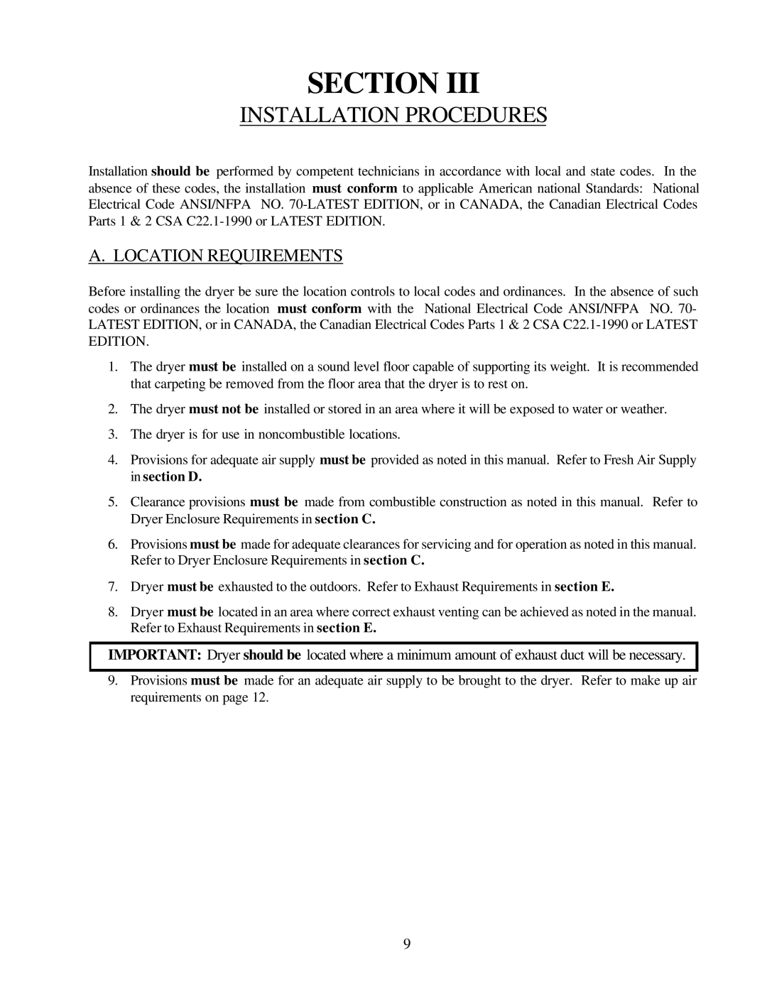 American Dryer Corp ML-79 manual Installation Procedures, Location Requirements 