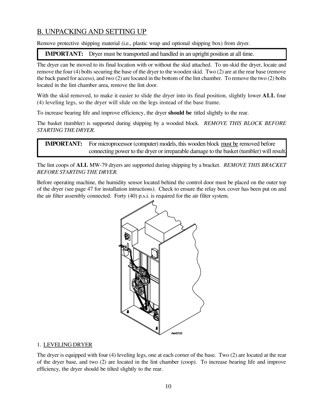 American Dryer Corp ML-79 manual Unpacking and Setting UP, Leveling Dryer 