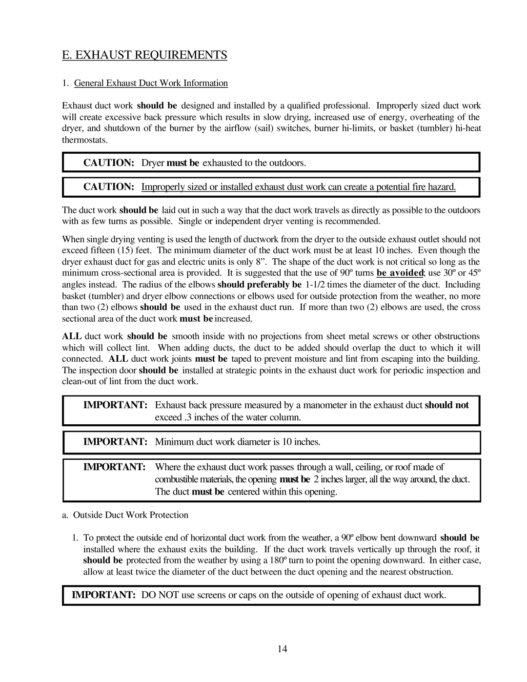 American Dryer Corp ML-79 manual Exhaust Requirements 