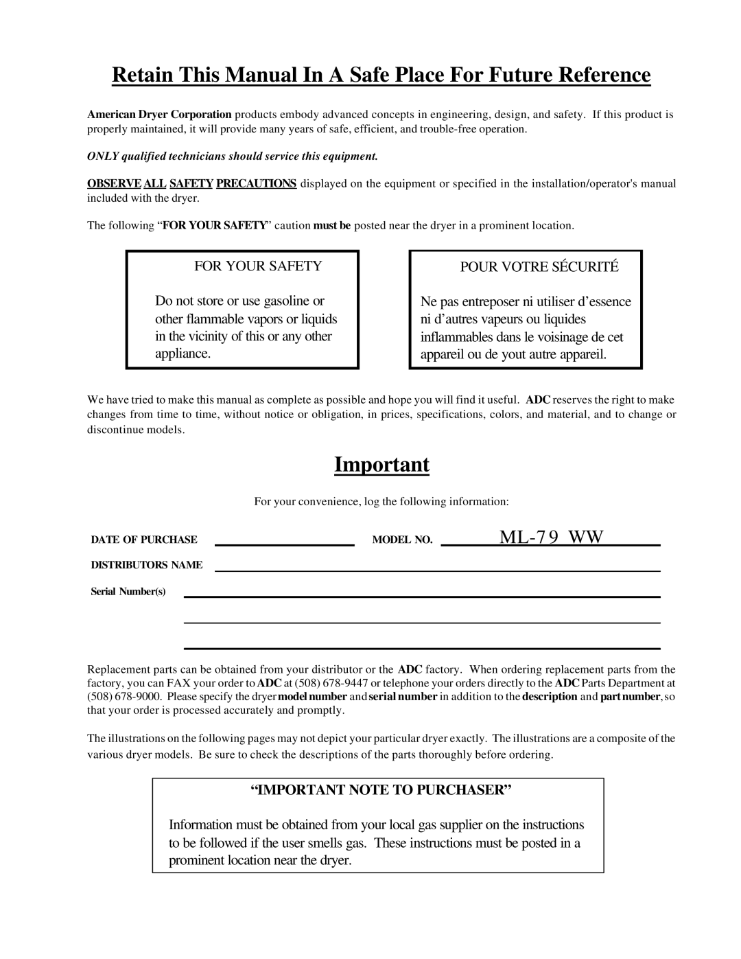 American Dryer Corp ML-79 Retain This Manual In a Safe Place For Future Reference, For Your Safety Pour Votre Sécurité 