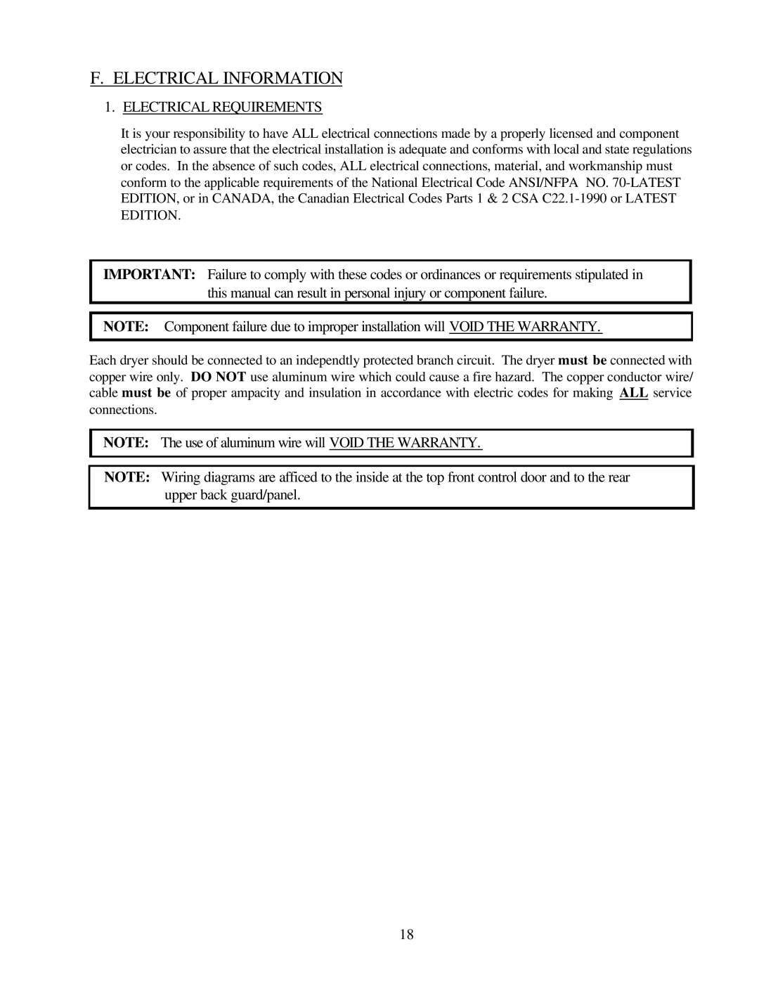 American Dryer Corp ML-79 manual Electrical Information, Electrical Requirements 