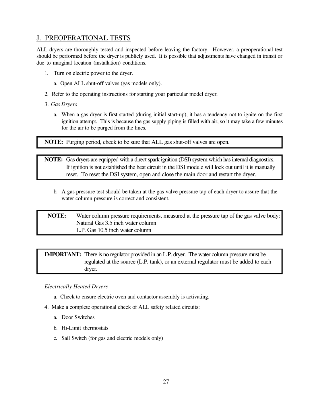 American Dryer Corp ML-79 manual Preoperational Tests, Gas Dryers 