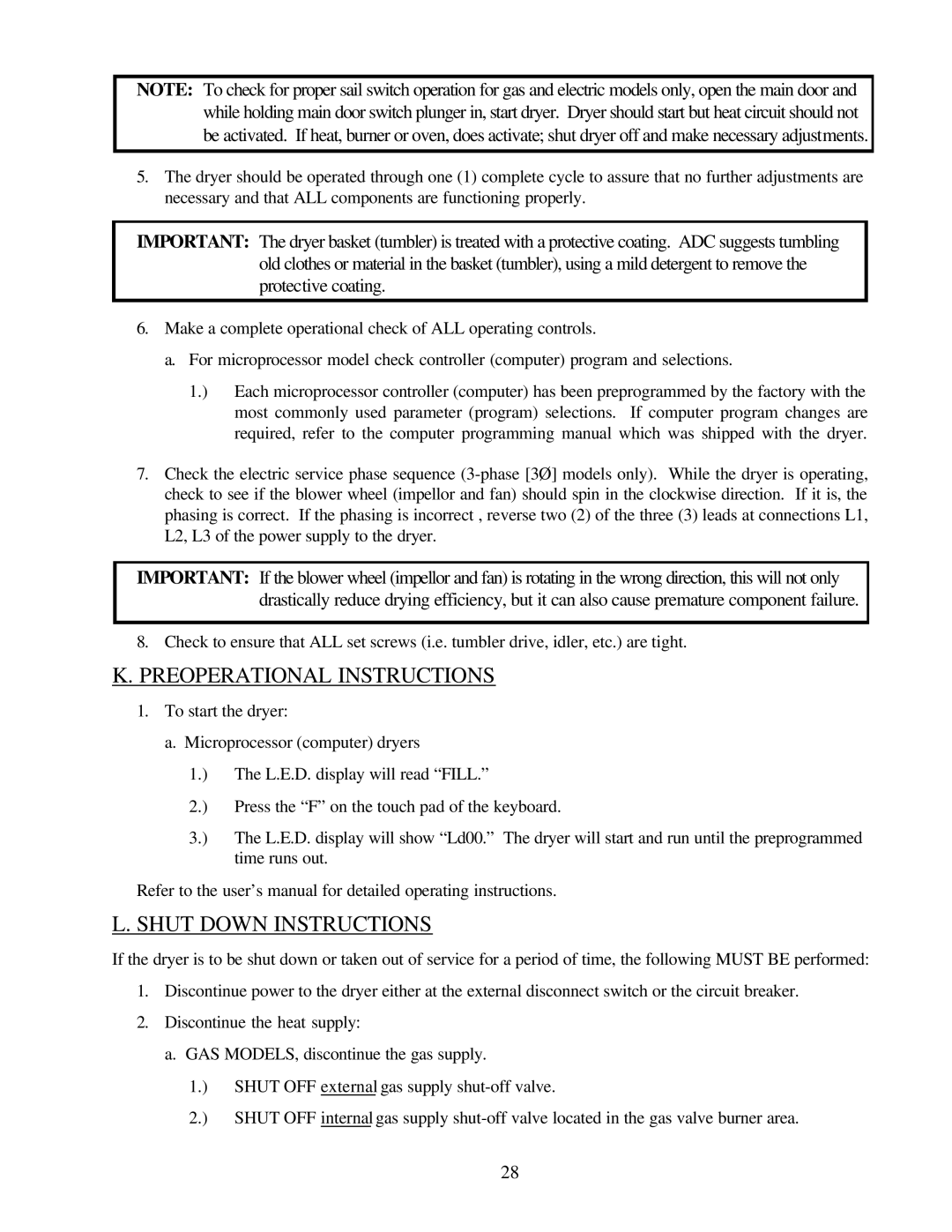 American Dryer Corp ML-79 manual Preoperational Instructions, Shut Down Instructions 