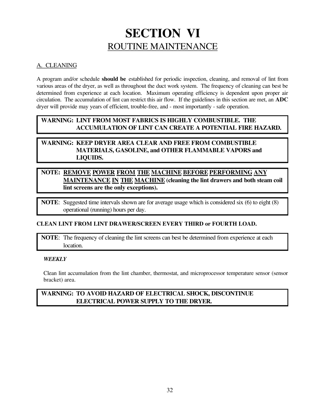 American Dryer Corp ML-79 manual Routine Maintenance, Cleaning 