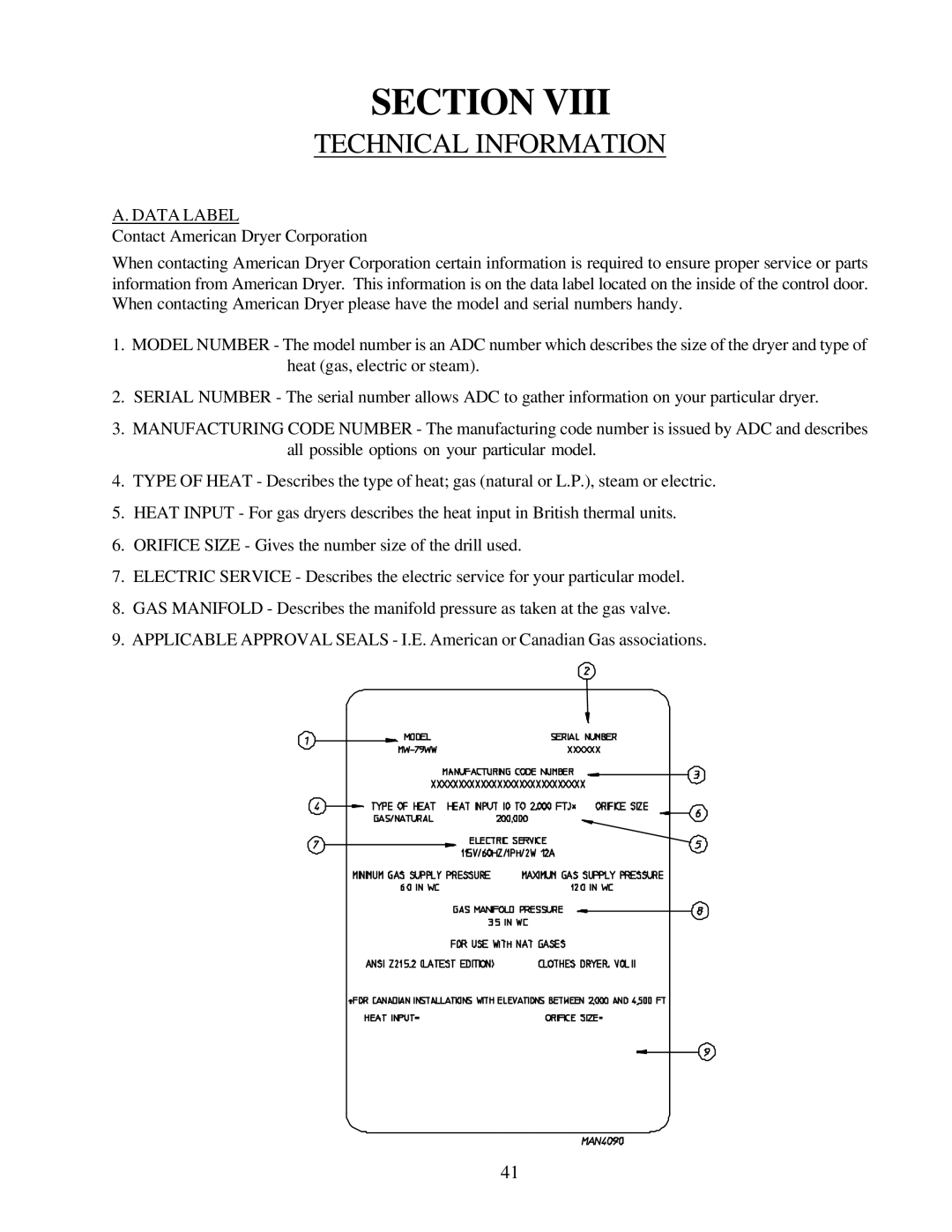 American Dryer Corp ML-79 manual Technical Information, Data Label 