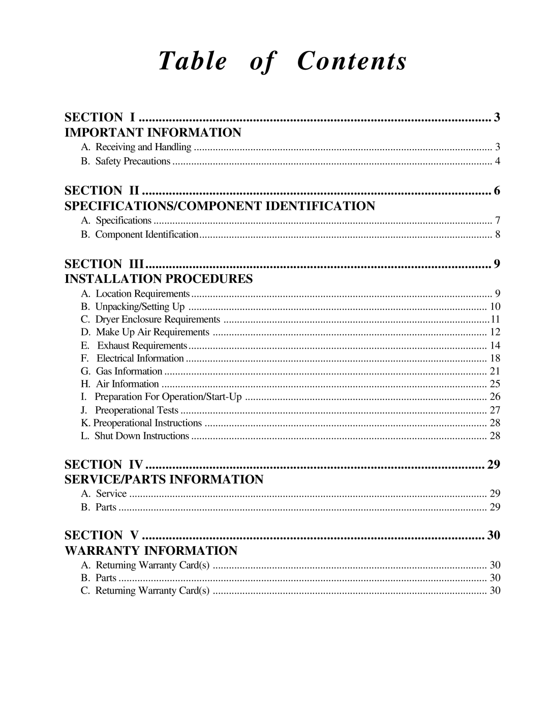 American Dryer Corp ML-79 manual Table of Contents 