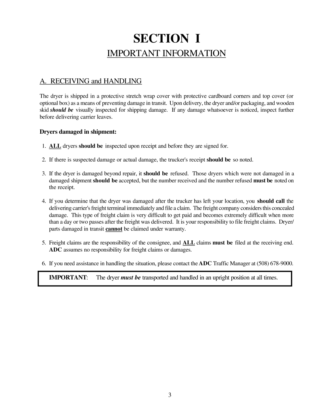 American Dryer Corp ML-79 manual Section, Important Information 