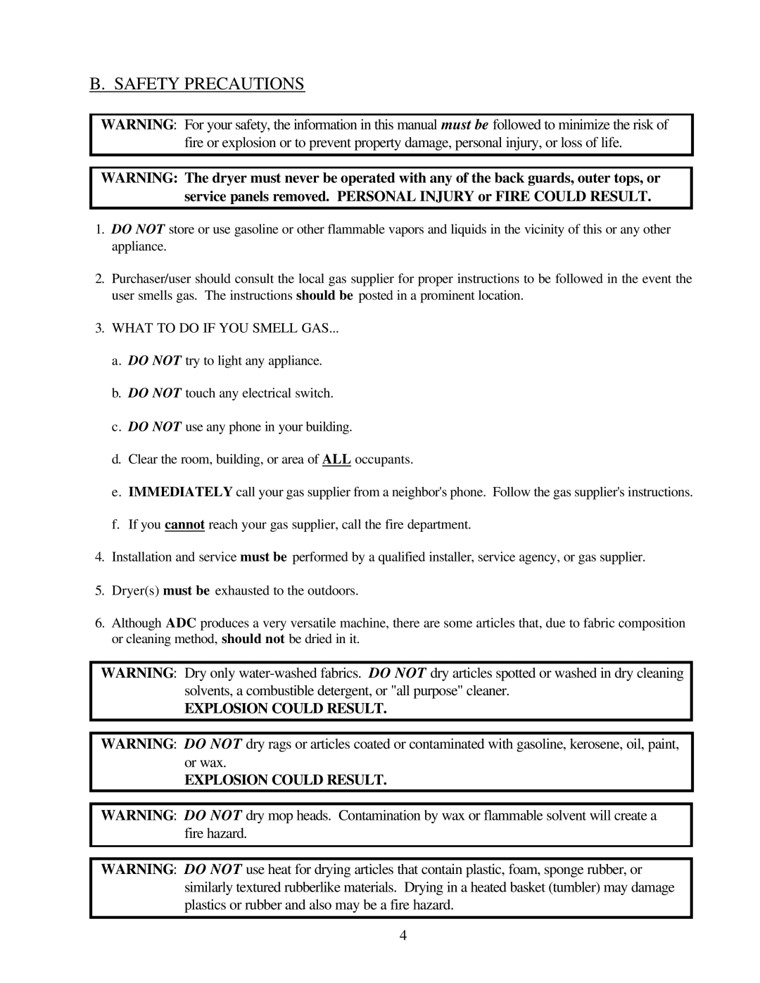 American Dryer Corp ML-79 manual Safety Precautions, What to do if YOU Smell GAS 