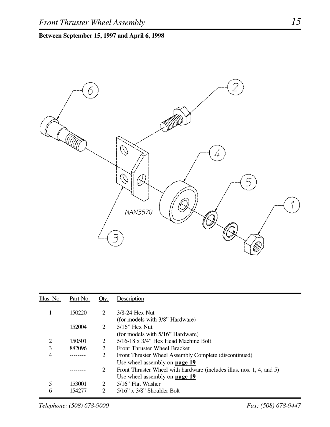 American Dryer Corp ML-95 manual Front Thruster Wheel Assembly, Between September 15, 1997 and April 6 