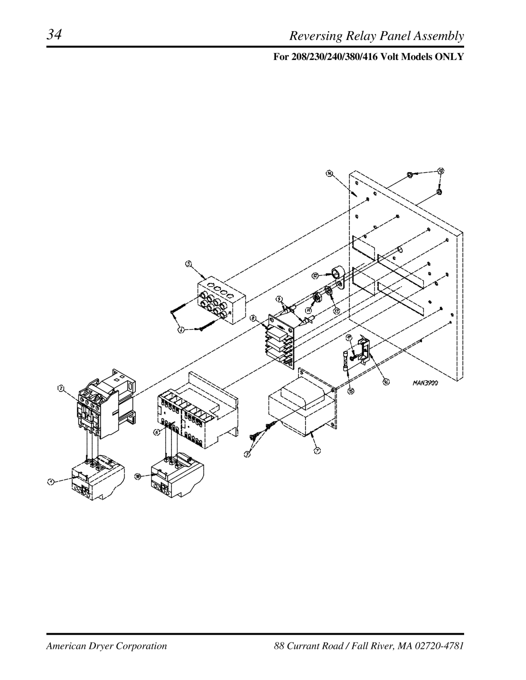 American Dryer Corp ML-95 manual Reversing Relay Panel Assembly, For 208/230/240/380/416 Volt Models only 