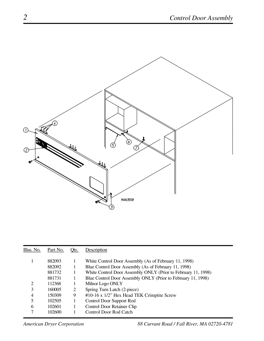 American Dryer Corp ML-95 manual Control Door Assembly 