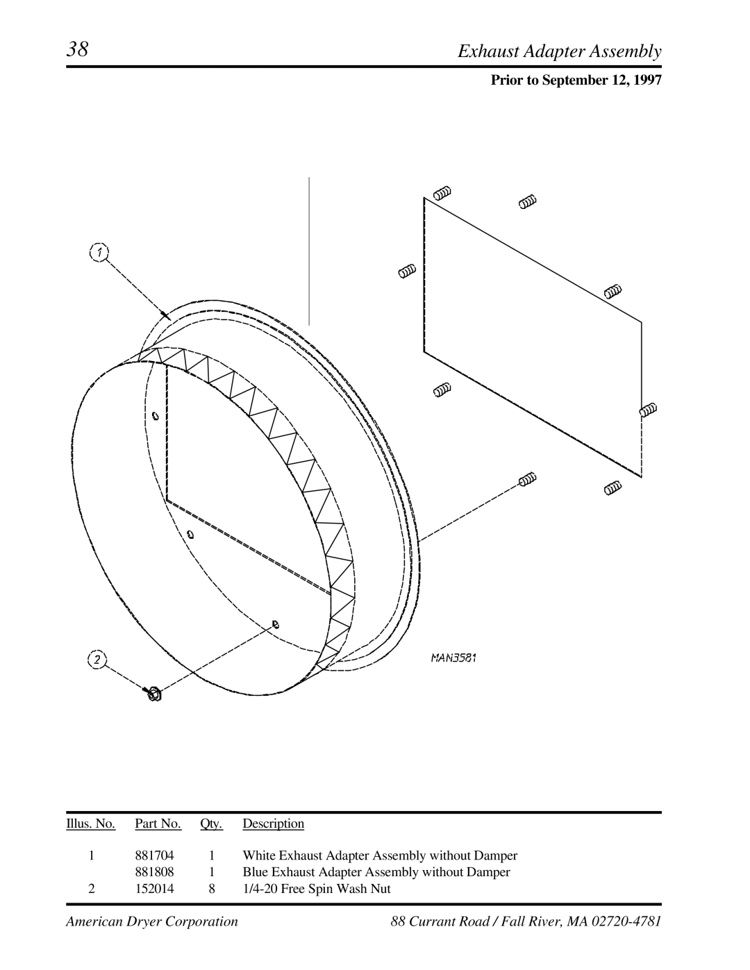 American Dryer Corp ML-95 manual Exhaust Adapter Assembly, Prior to September 12 