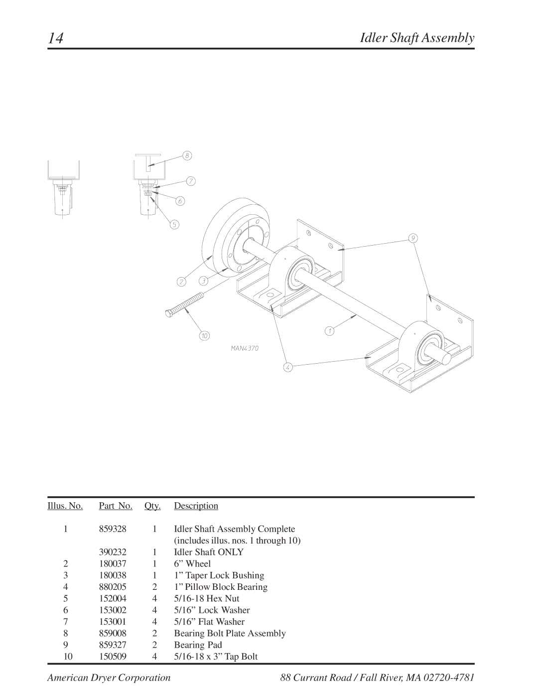 American Dryer Corp ML-96 manual Idler Shaft Assembly 