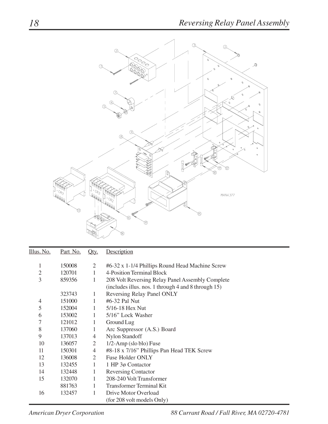 American Dryer Corp ML-96 manual Reversing Relay Panel Assembly 