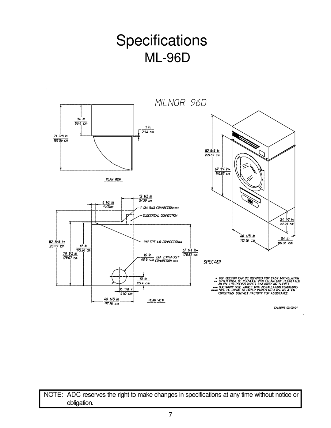 American Dryer Corp ML-96D installation manual Specifications 