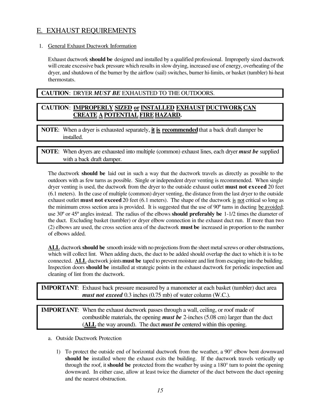 American Dryer Corp ML-96D installation manual Exhaust Requirements, Create a Potential Fire Hazard 