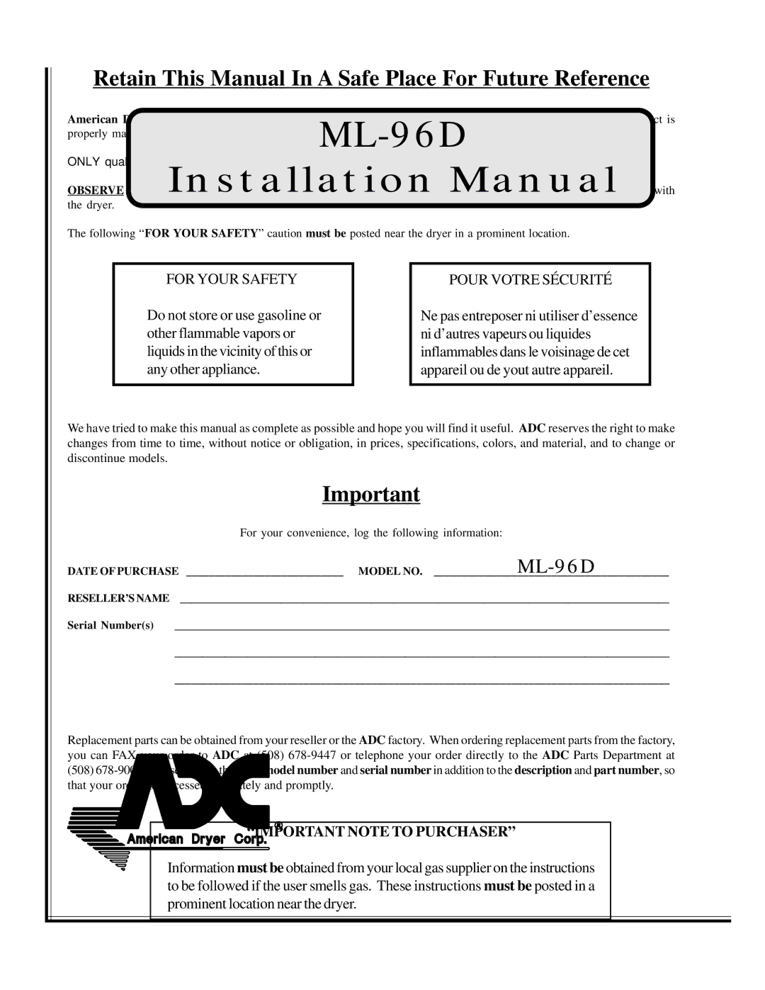 American Dryer Corp ML-96D installation manual Retain This Manual In a Safe Place For Future Reference 