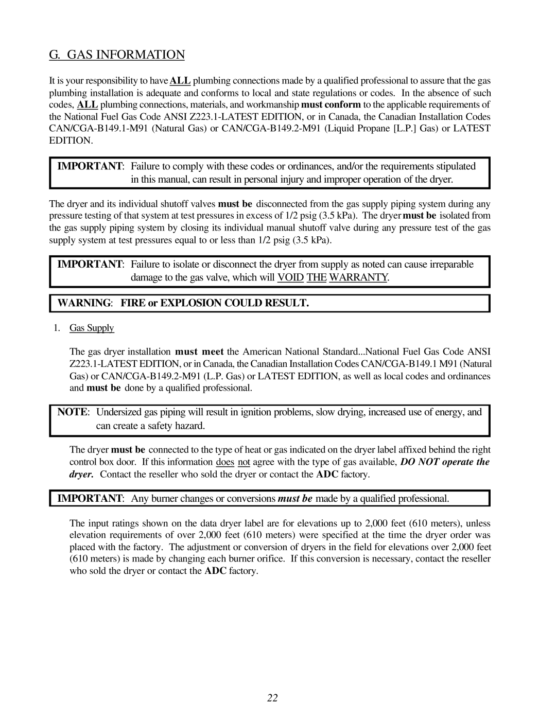 American Dryer Corp ML-96D installation manual GAS Information 