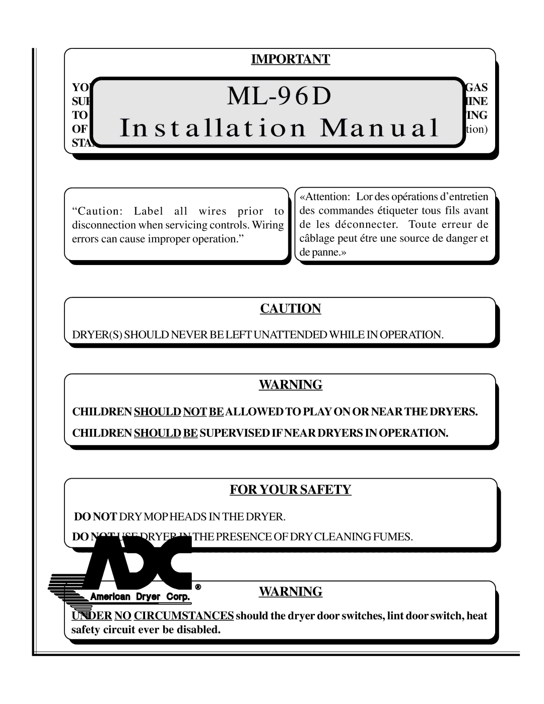 American Dryer Corp ML-96D installation manual For Your Safety 