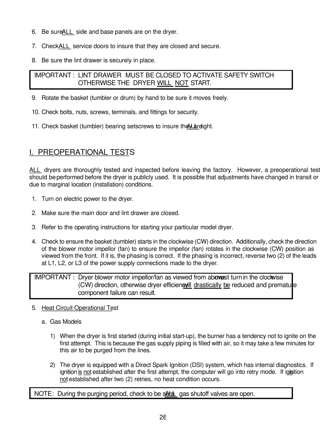 American Dryer Corp ML-96D installation manual Preoperational Tests 