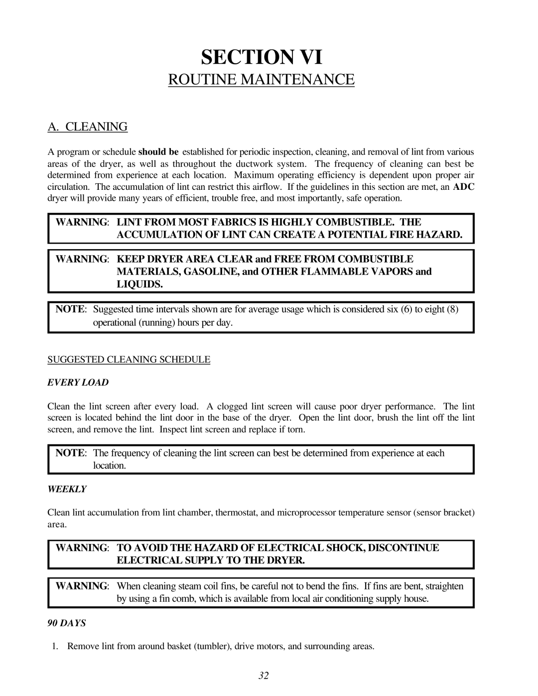 American Dryer Corp ML-96D installation manual Routine Maintenance, Cleaning 