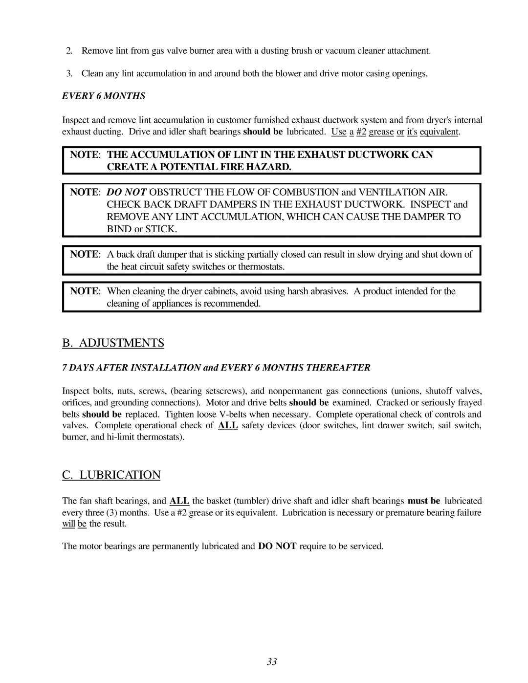 American Dryer Corp ML-96D installation manual Adjustments, Lubrication 