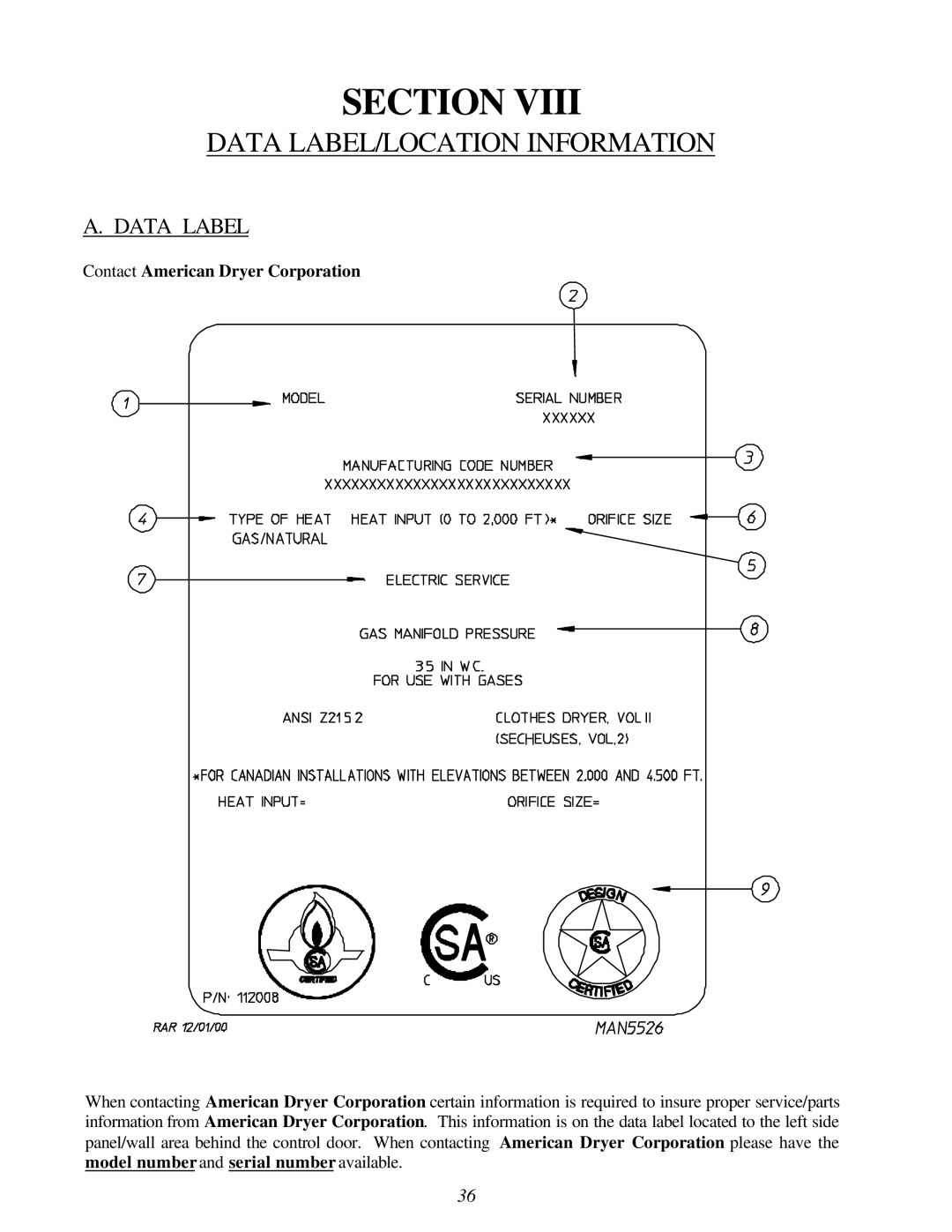 American Dryer Corp ML-96D installation manual Data LABEL/LOCATION Information, Data Label 