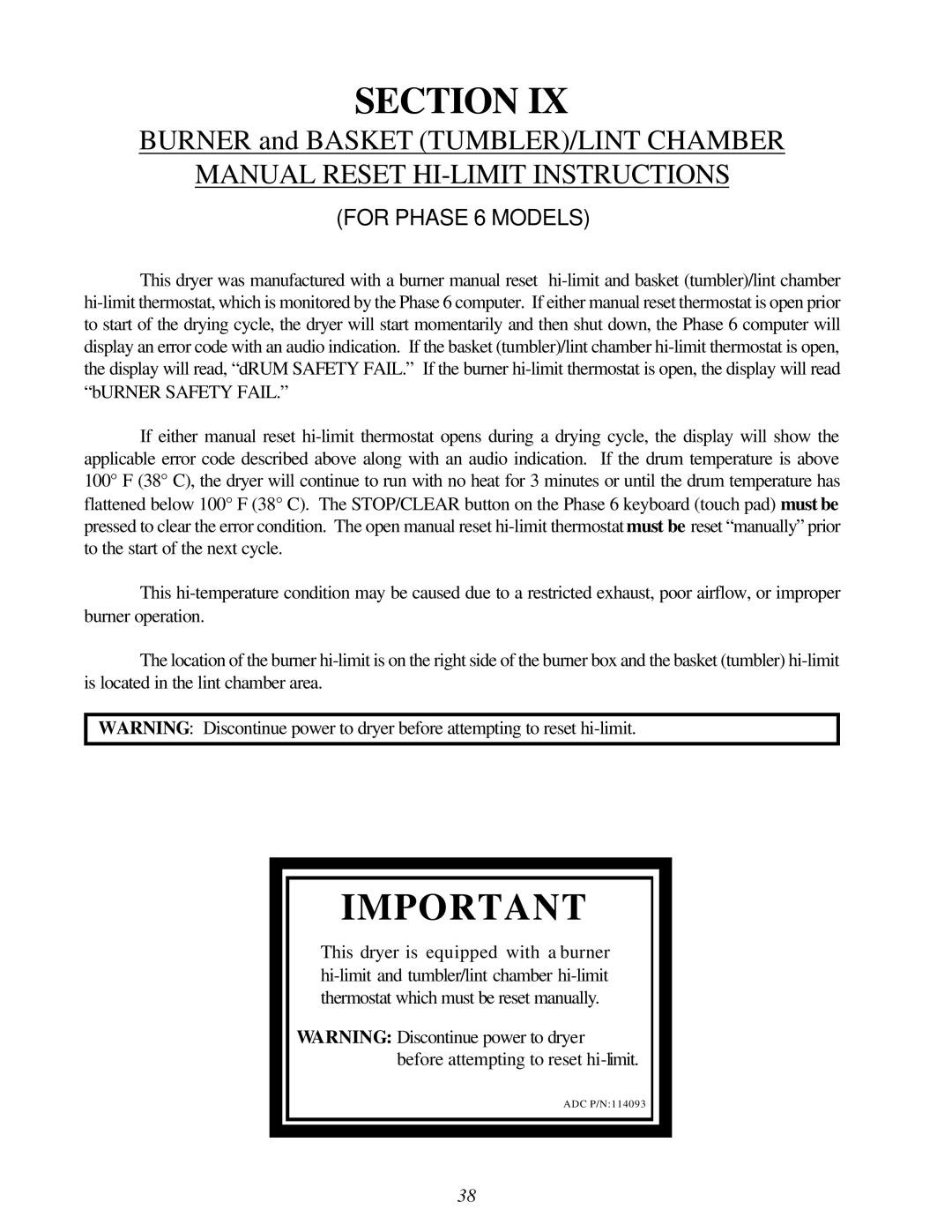 American Dryer Corp ML-96D installation manual Manual Reset HI-LIMIT Instructions, For Phase 6 Models 