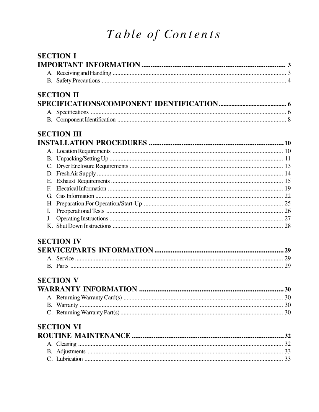 American Dryer Corp ML-96D installation manual Table of Contents 