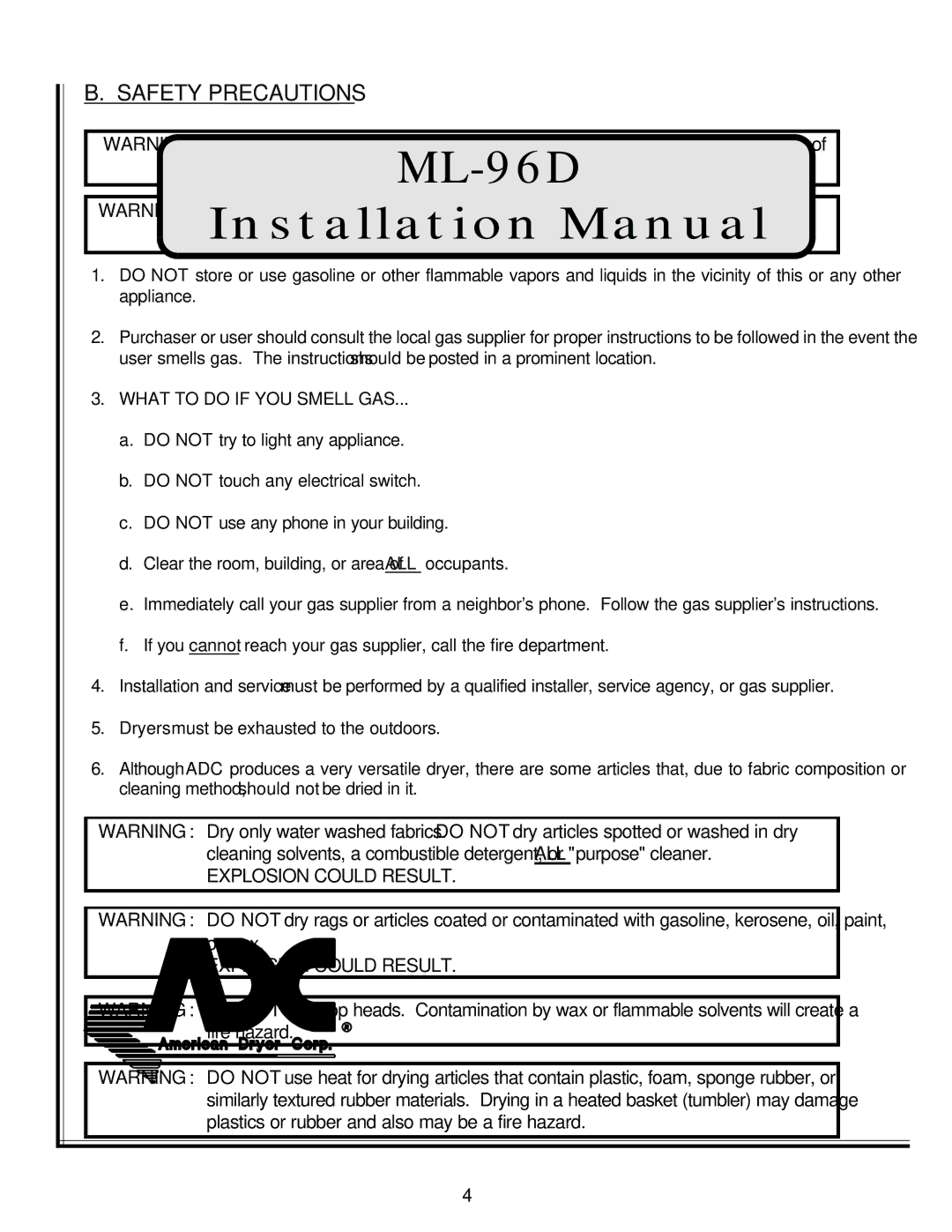 American Dryer Corp ML-96D installation manual Safety Precautions, What to do if YOU Smell GAS 