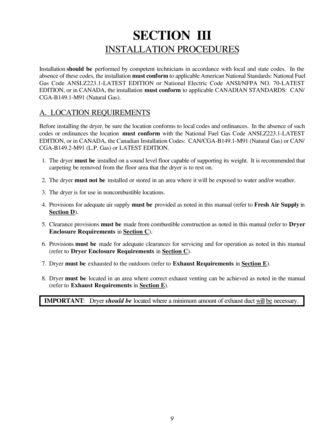 American Dryer Corp ML-96HS installation manual Installation Procedures, Location Requirements 