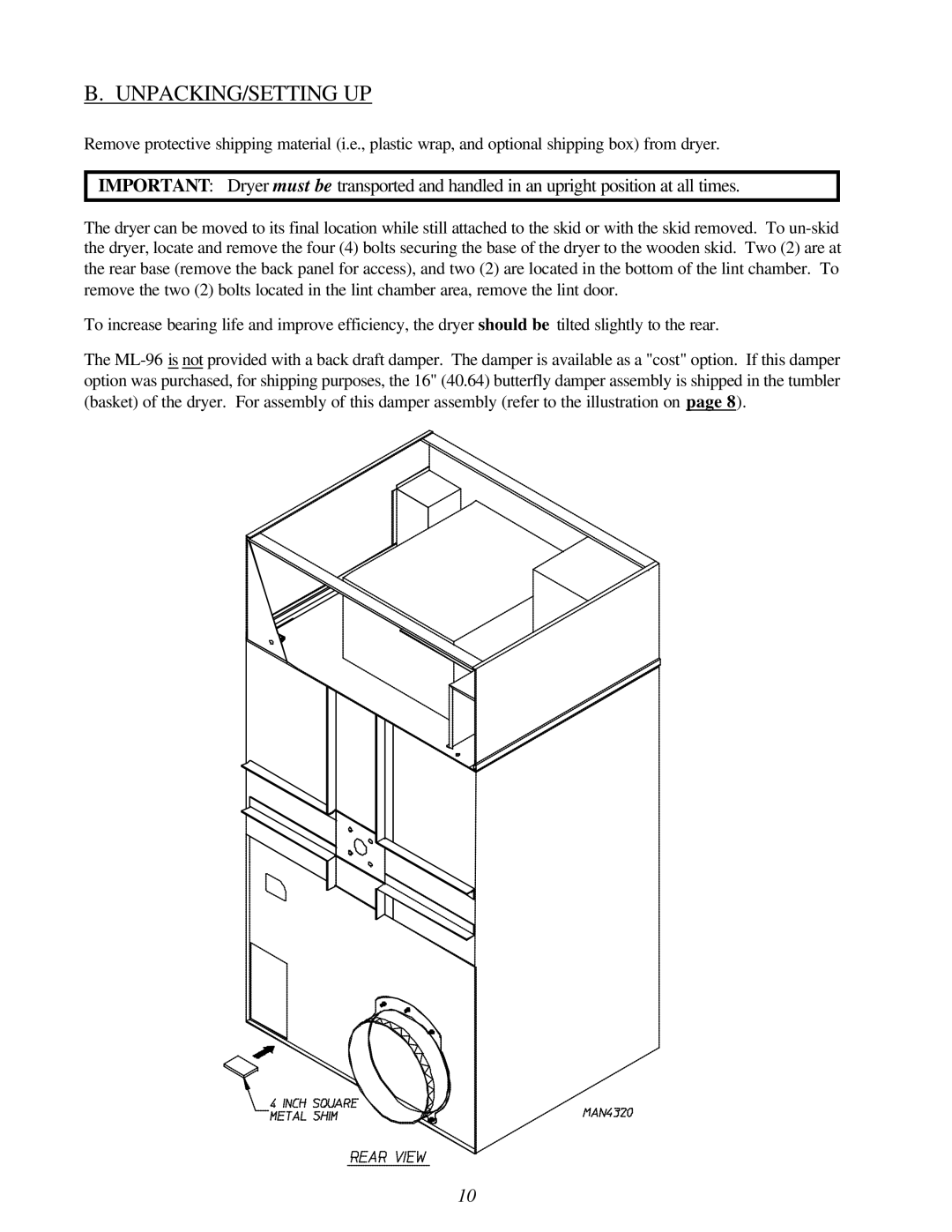 American Dryer Corp ML-96HS installation manual Unpacking/Setting Up 