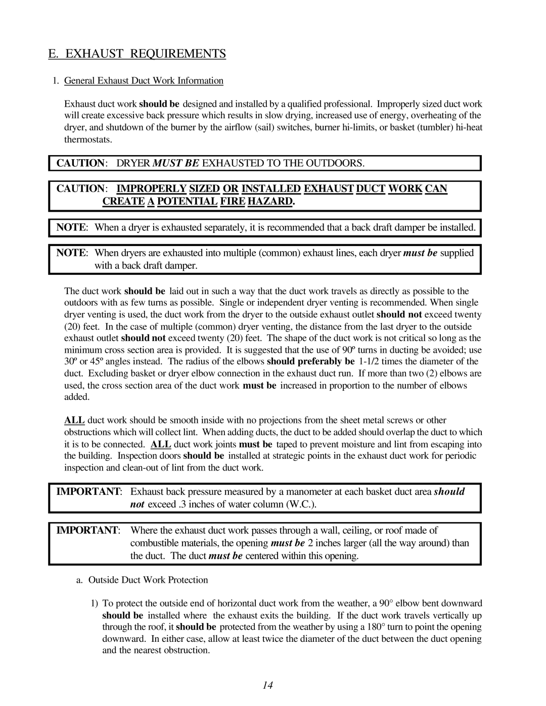 American Dryer Corp ML-96HS installation manual Exhaust Requirements, Create a Potential Fire Hazard 