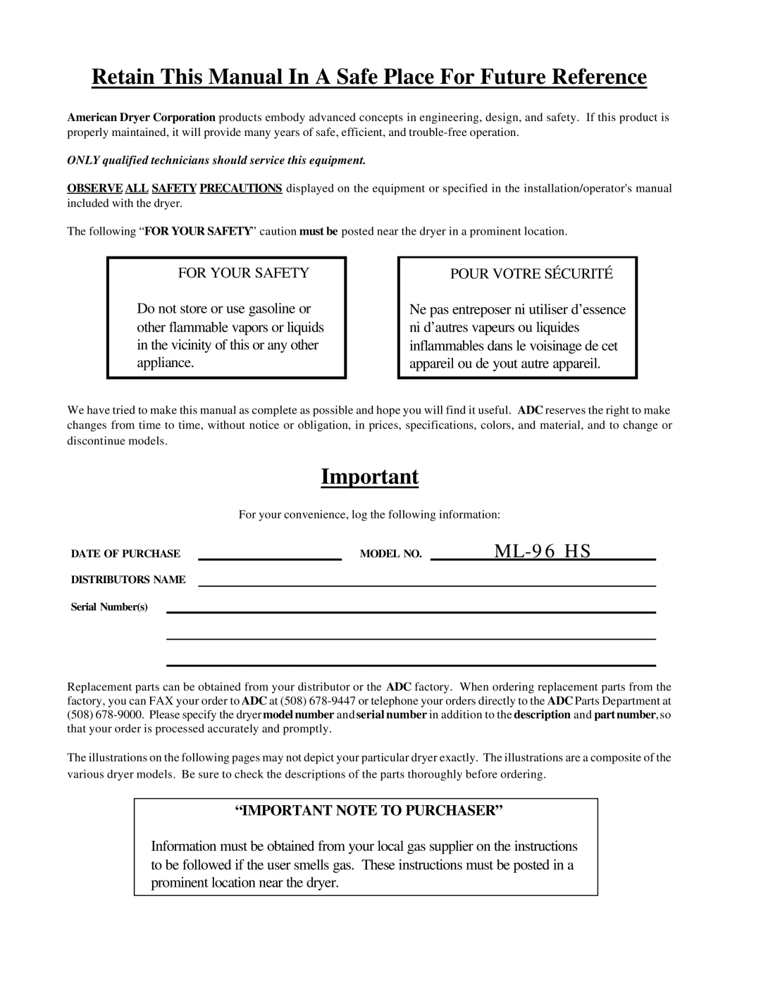 American Dryer Corp ML-96HS installation manual Retain This Manual In a Safe Place For Future Reference 