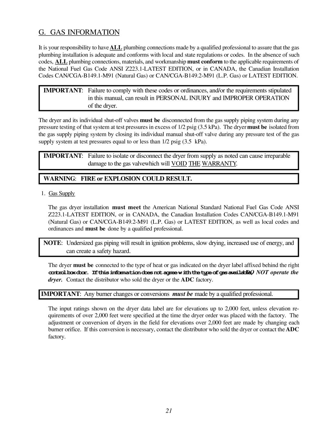 American Dryer Corp ML-96HS installation manual GAS Information 