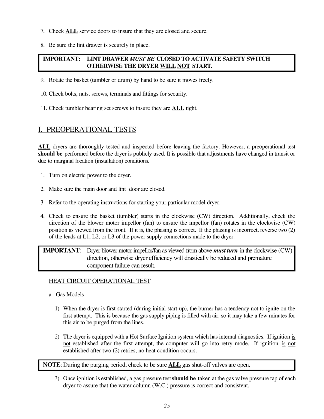 American Dryer Corp ML-96HS installation manual Preoperational Tests, Heat Circuit Operational Test 