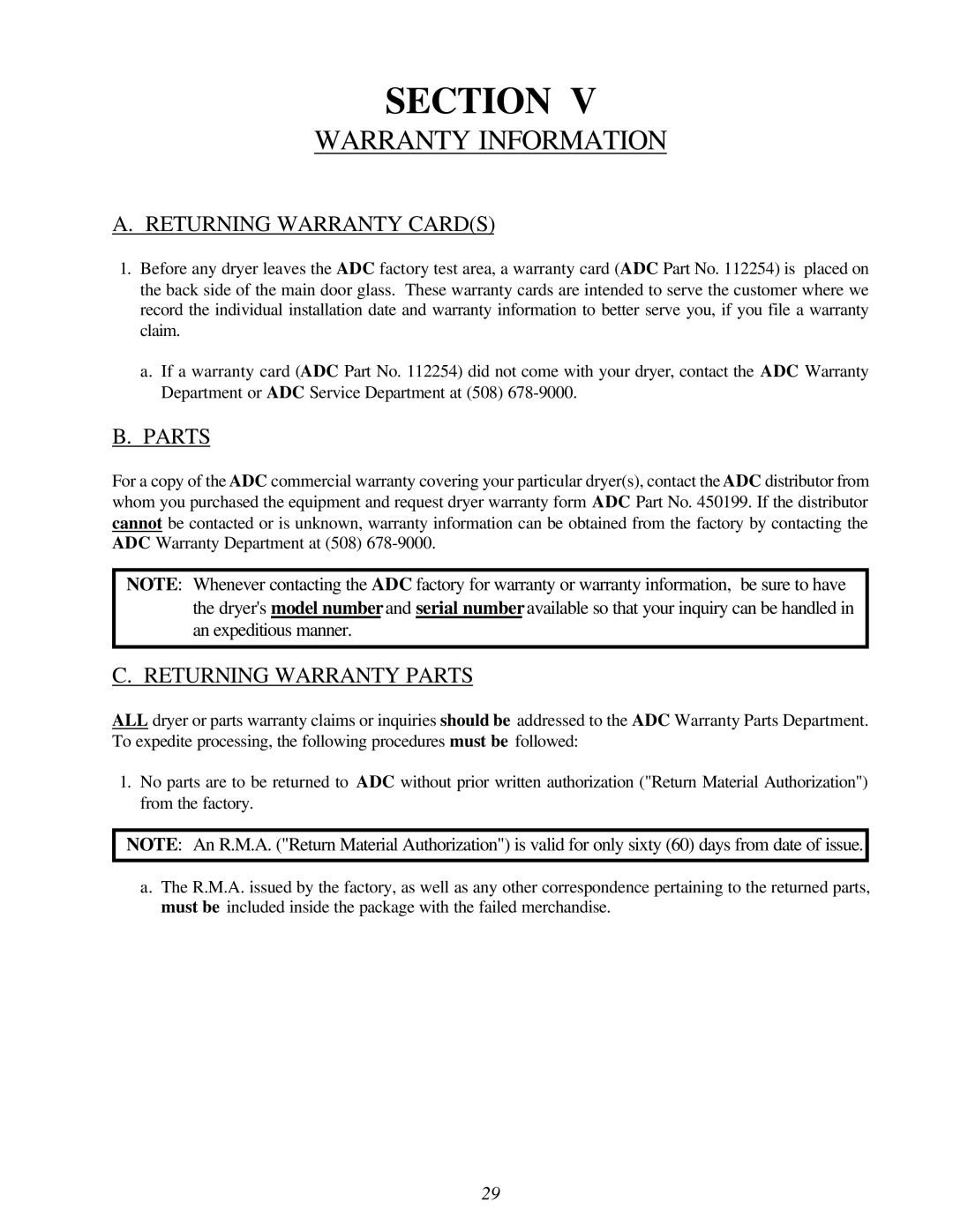 American Dryer Corp ML-96HS installation manual Warranty Information, Returning Warranty Cards, Returning Warranty Parts 