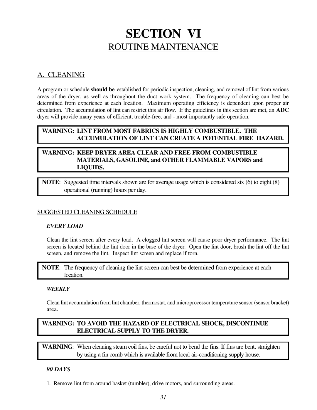 American Dryer Corp ML-96HS installation manual Routine Maintenance, Cleaning 