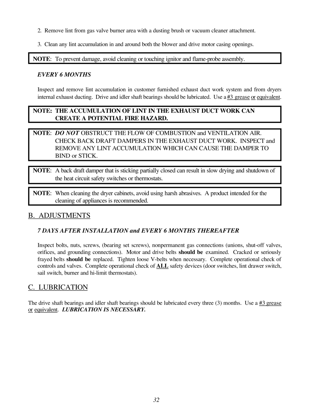 American Dryer Corp ML-96HS installation manual Adjustments, Lubrication 