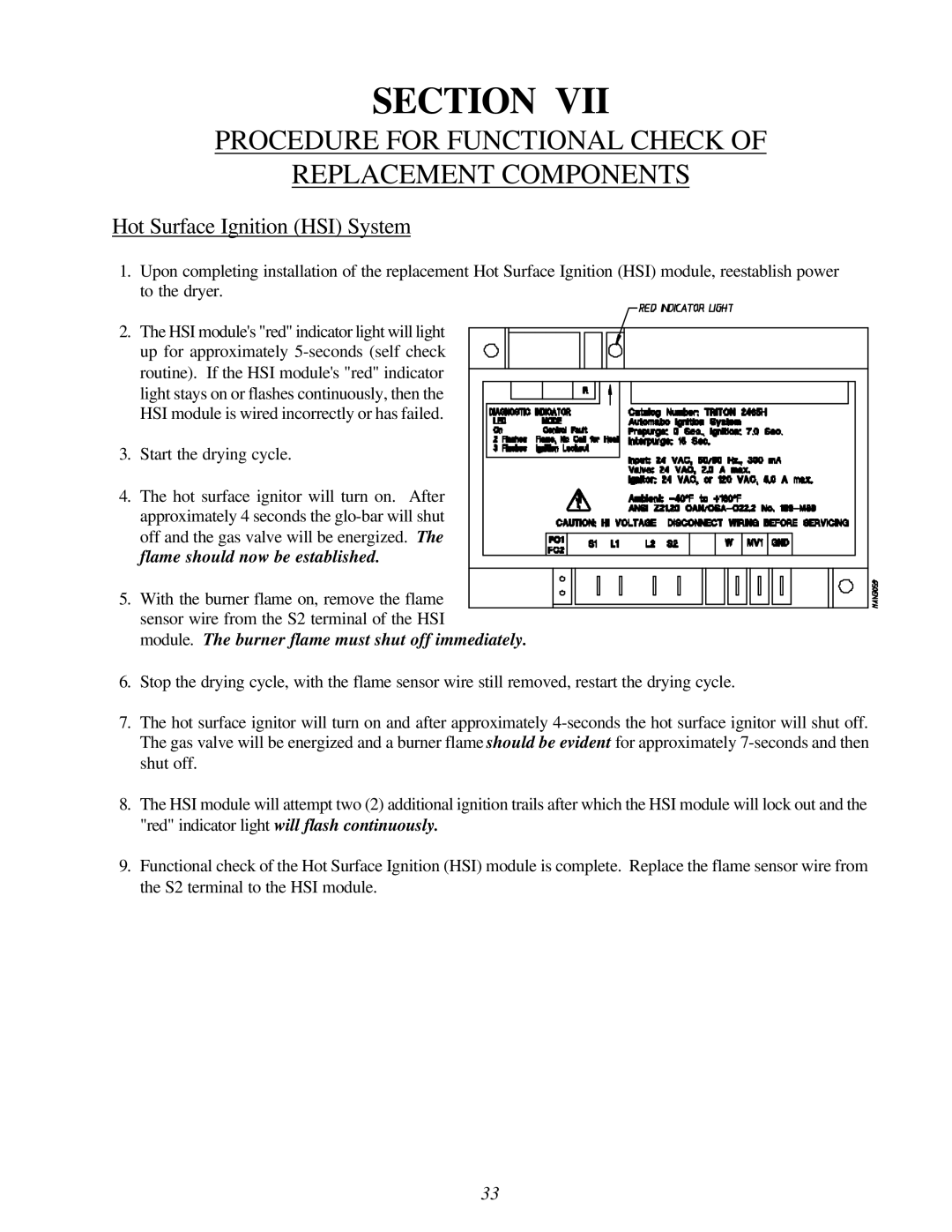 American Dryer Corp ML-96HS Procedure for Functional Check Replacement Components, Hot Surface Ignition HSI System 