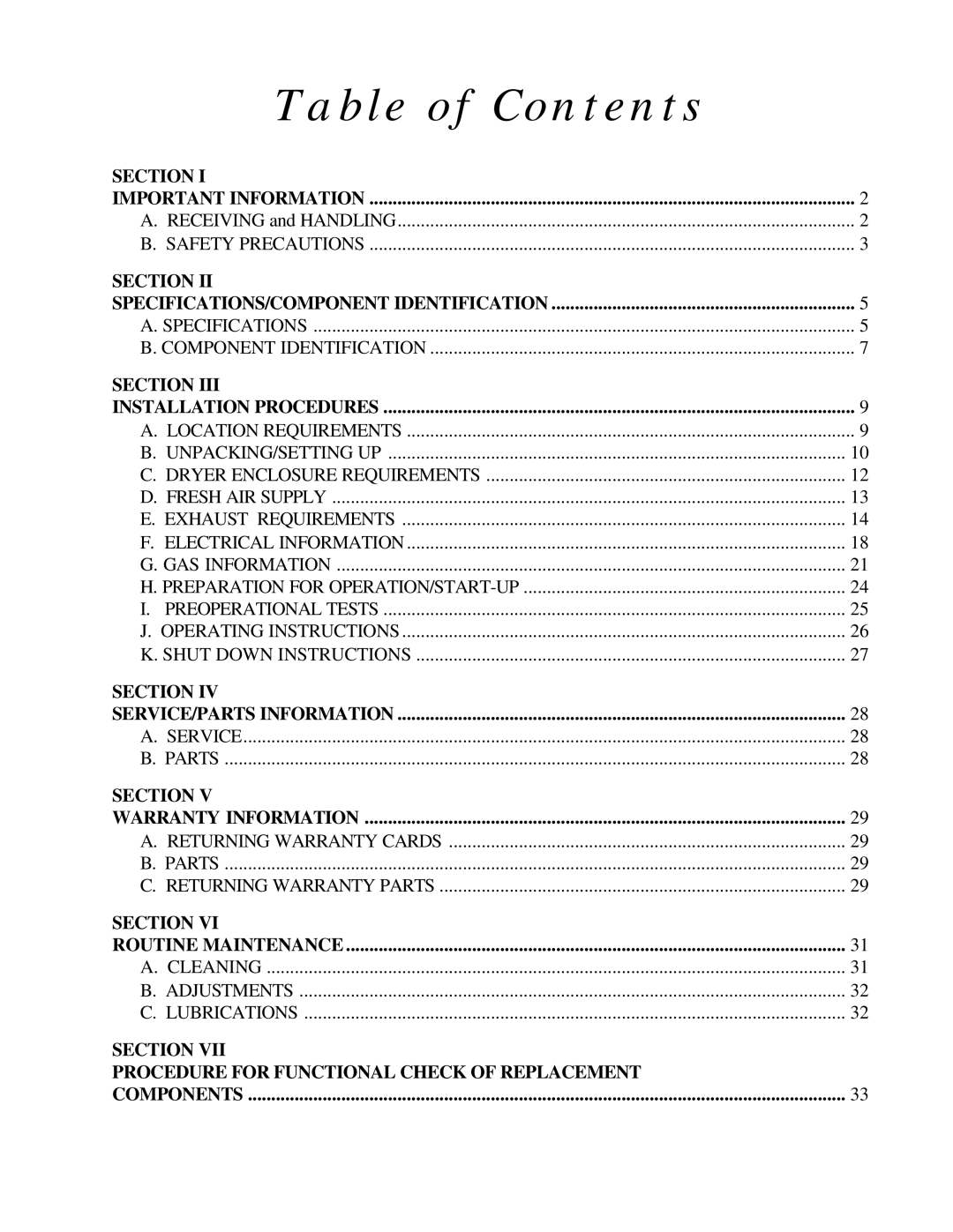 American Dryer Corp ML-96HS installation manual Table of Contents 