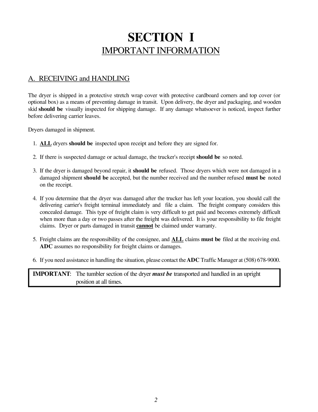 American Dryer Corp ML-96HS installation manual Section, Important Information 