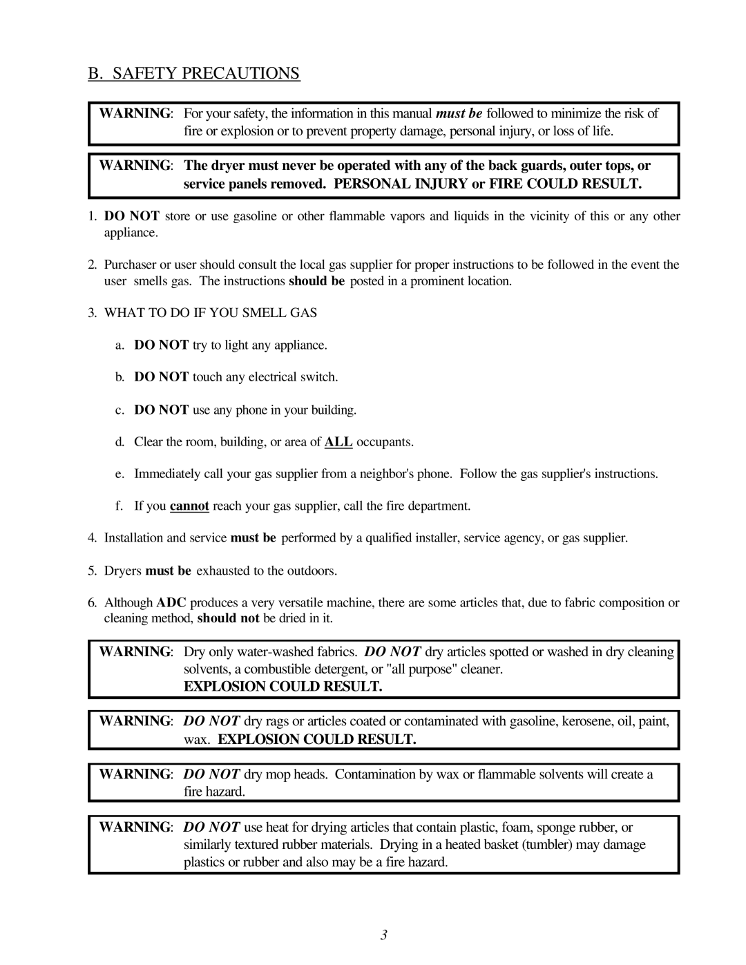 American Dryer Corp ML-96HS installation manual Safety Precautions, What to do if YOU Smell GAS 