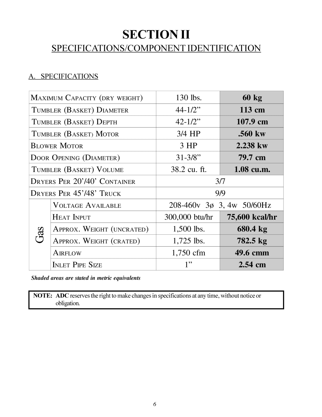 American Dryer Corp MLG-130DR (HSI) installation manual SPECIFICATIONS/COMPONENT Identification, Specifications 