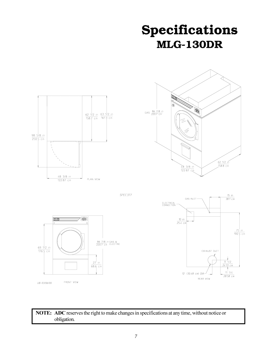 American Dryer Corp MLG-130DR (HSI) installation manual Specifications 