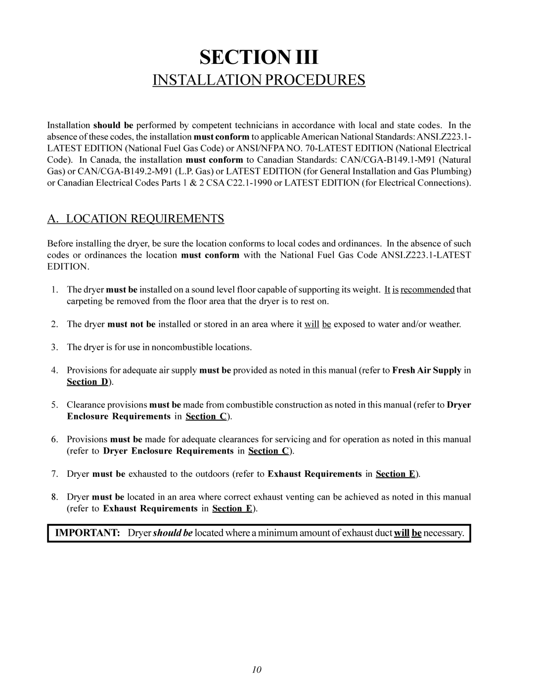 American Dryer Corp MLG-130DR (HSI) installation manual Installation Procedures, Location Requirements 