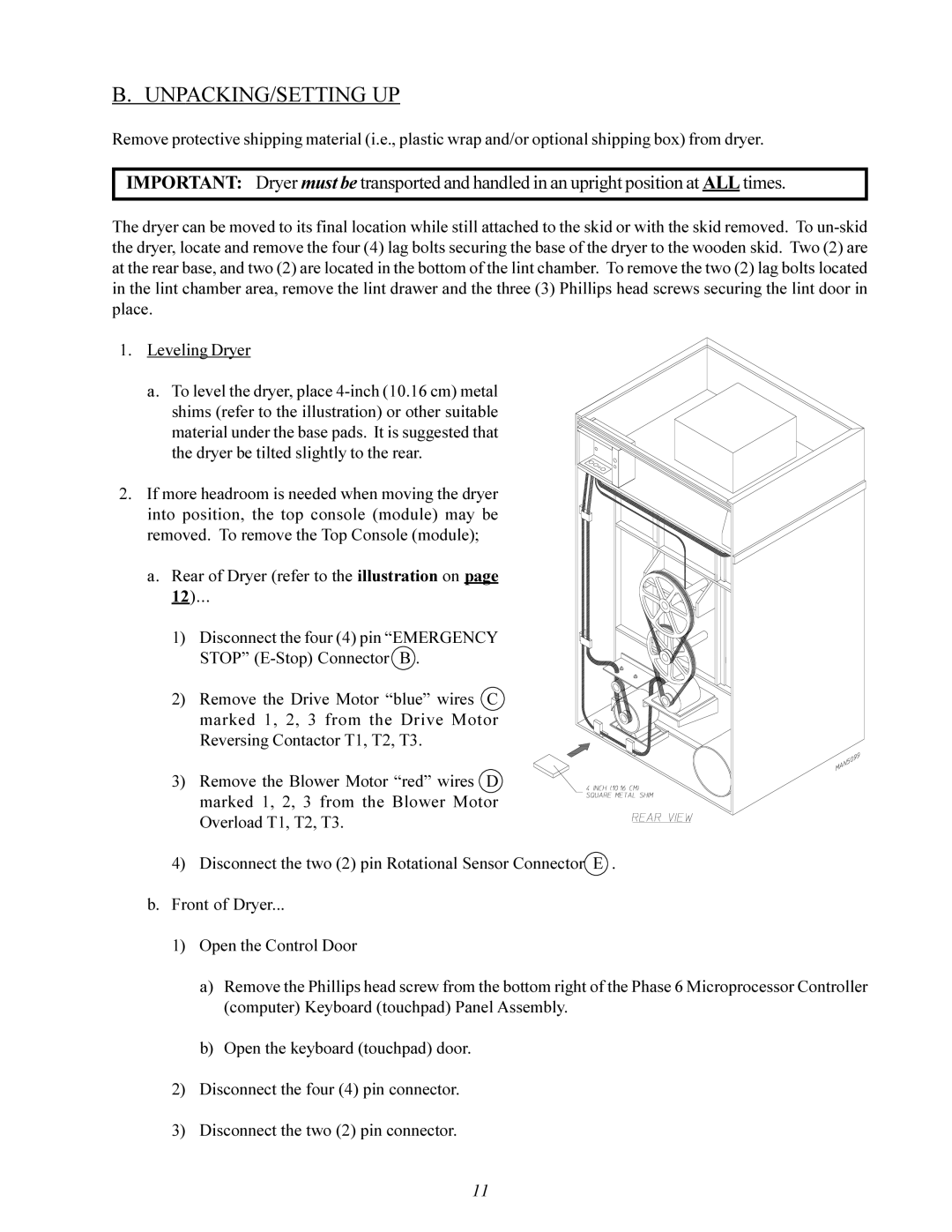 American Dryer Corp MLG-130DR (HSI) installation manual Unpacking/Setting Up, Rear of Dryer refer to the illustration on 